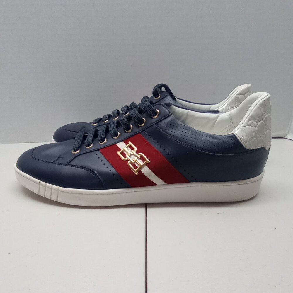 Bally Low-Top Leather Sneakers Size 11½ Navy/Red/White Stripe Luxury Designer
